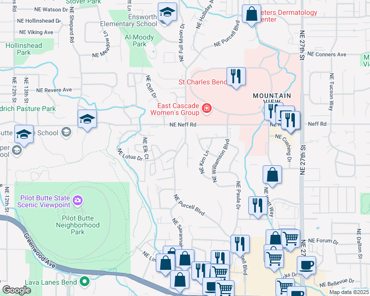 map of restaurants, bars, coffee shops, grocery stores, and more near 1350 Northeast Purcell Boulevard in Bend