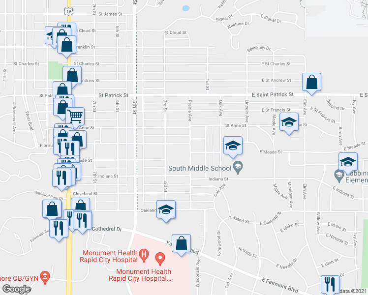 map of restaurants, bars, coffee shops, grocery stores, and more near 207 Flormann Street in Rapid City