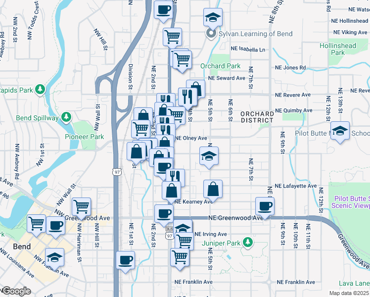 map of restaurants, bars, coffee shops, grocery stores, and more near in Bend