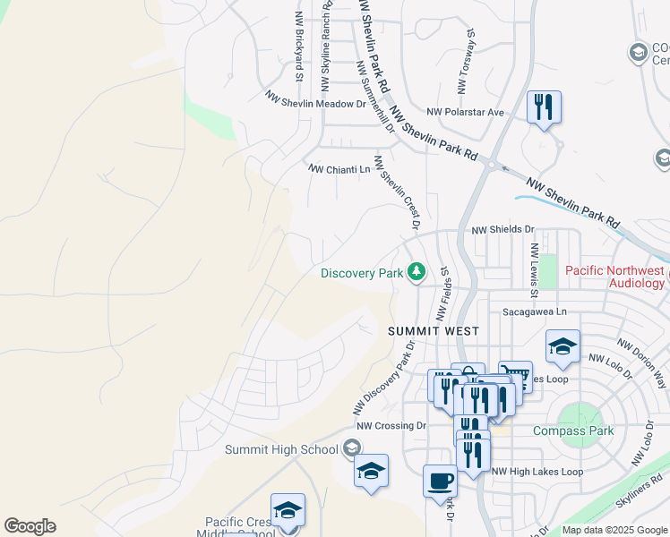 map of restaurants, bars, coffee shops, grocery stores, and more near 2983 Northwest Celilo Lane in Bend
