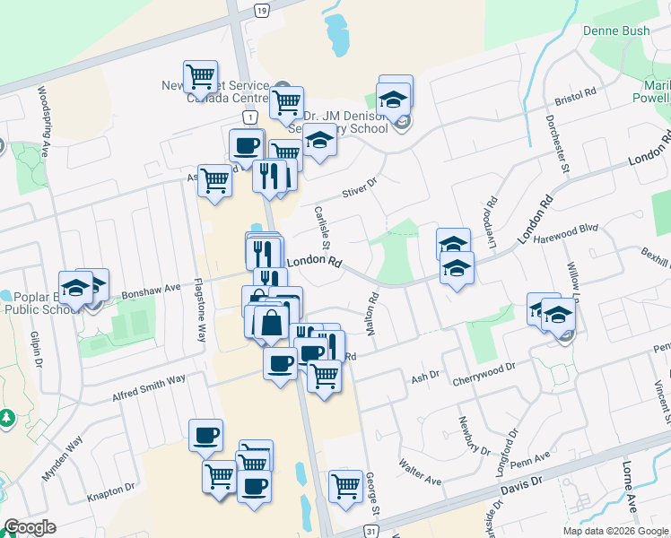 map of restaurants, bars, coffee shops, grocery stores, and more near 58 London Road in Newmarket