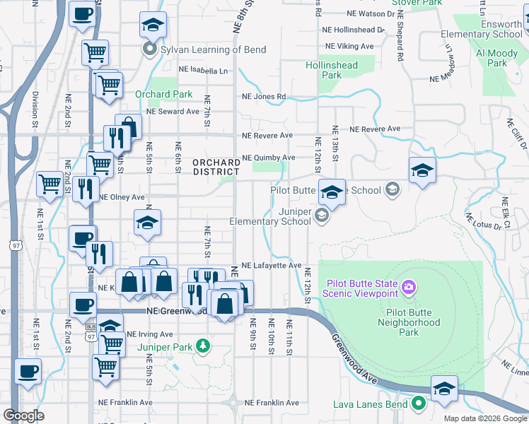 map of restaurants, bars, coffee shops, grocery stores, and more near 1404 Northeast 10th Street in Bend