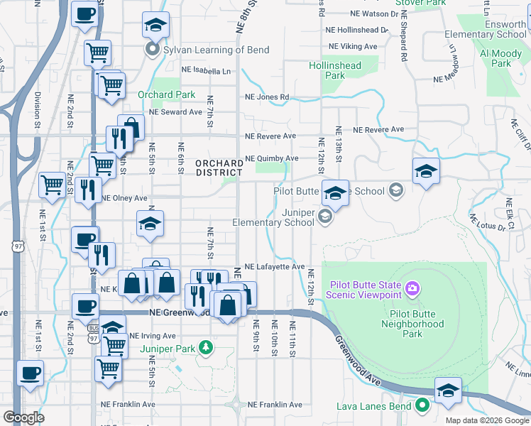 map of restaurants, bars, coffee shops, grocery stores, and more near 1404 Northeast 10th Street in Bend