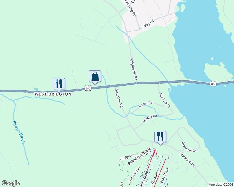 map of restaurants, bars, coffee shops, grocery stores, and more near 1 Mountain Road in Bridgton