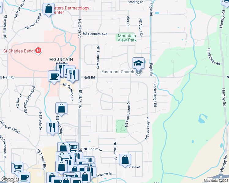 map of restaurants, bars, coffee shops, grocery stores, and more near 3008 Northeast Charleston Court in Bend