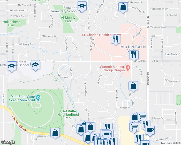 map of restaurants, bars, coffee shops, grocery stores, and more near 1418 Northeast Whisper Ridge Drive in Bend