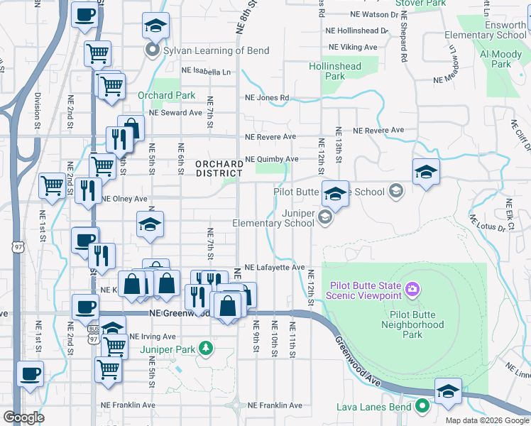 map of restaurants, bars, coffee shops, grocery stores, and more near 1404 Northeast 10th Street in Bend