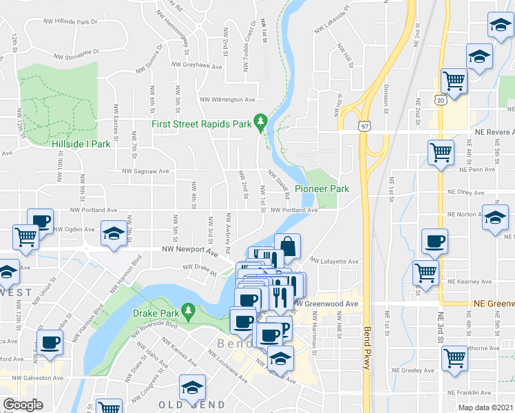 map of restaurants, bars, coffee shops, grocery stores, and more near 1585 Northwest 1st Street in Bend