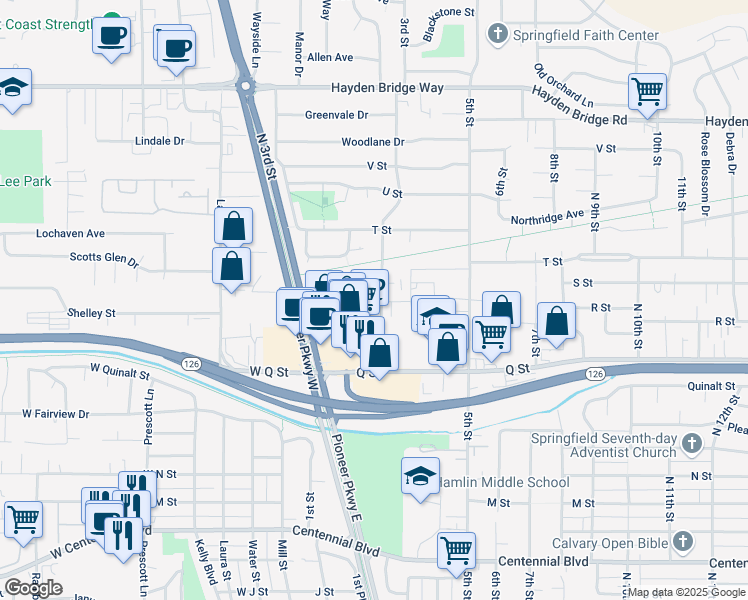 map of restaurants, bars, coffee shops, grocery stores, and more near 1950 2nd Street in Springfield