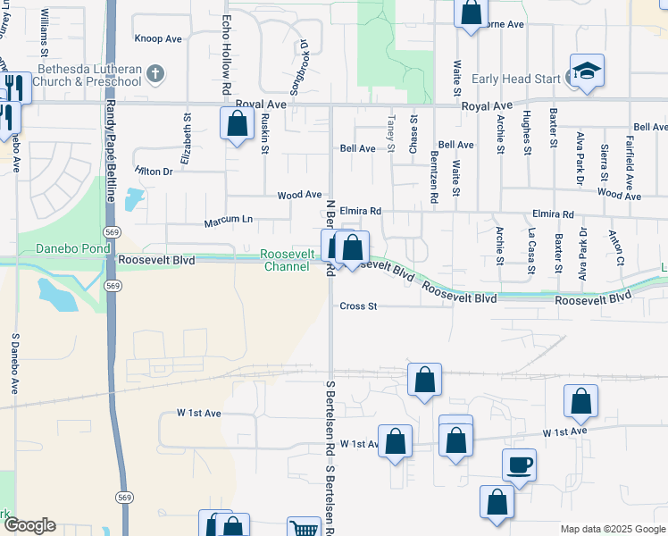 map of restaurants, bars, coffee shops, grocery stores, and more near 3990 Roosevelt Boulevard in Eugene