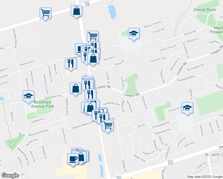map of restaurants, bars, coffee shops, grocery stores, and more near in Newmarket