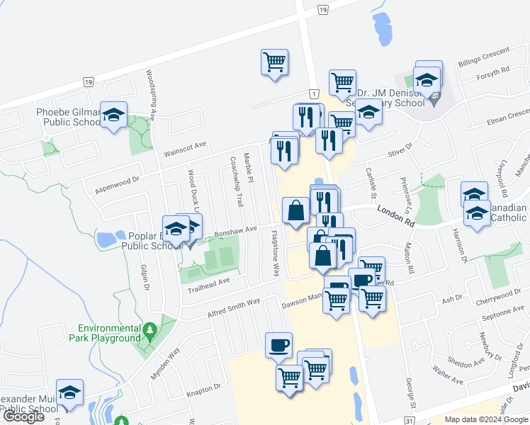 map of restaurants, bars, coffee shops, grocery stores, and more near 304 Flagstone Way in Newmarket