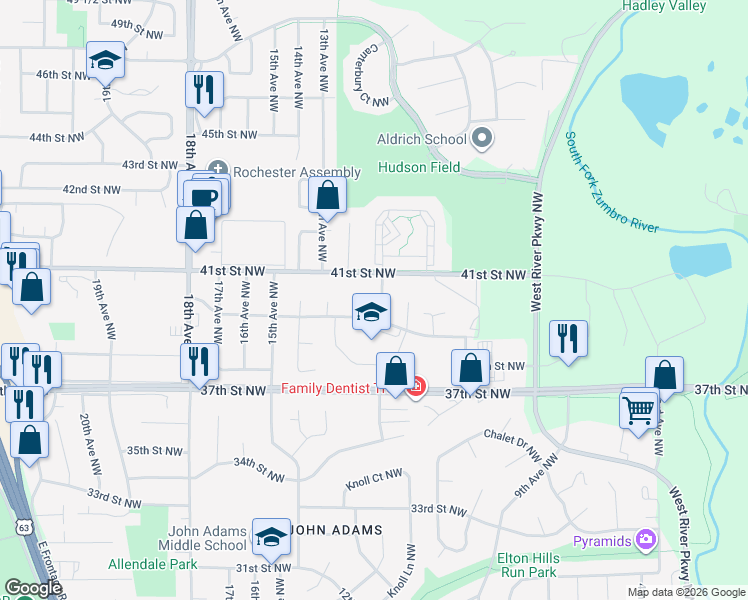 map of restaurants, bars, coffee shops, grocery stores, and more near 1107 40th Street Northwest in Rochester