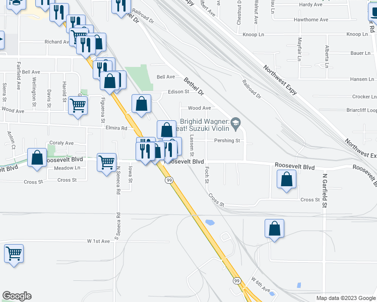 map of restaurants, bars, coffee shops, grocery stores, and more near 260 Lassen Street in Eugene