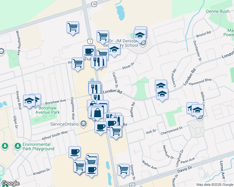 map of restaurants, bars, coffee shops, grocery stores, and more near 54 London Road in Newmarket
