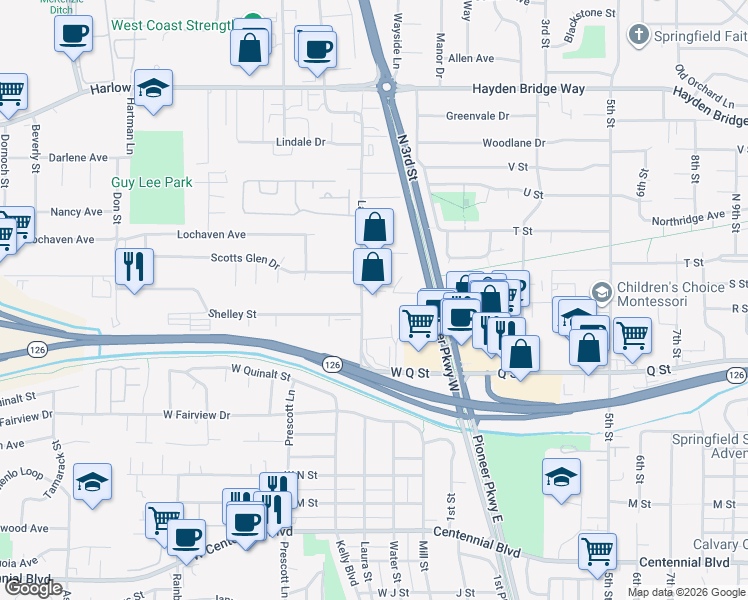 map of restaurants, bars, coffee shops, grocery stores, and more near 1939 Laura Street in Springfield