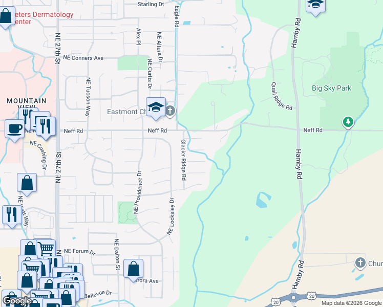 map of restaurants, bars, coffee shops, grocery stores, and more near 3325 Northeast Mendenhall Drive in Bend