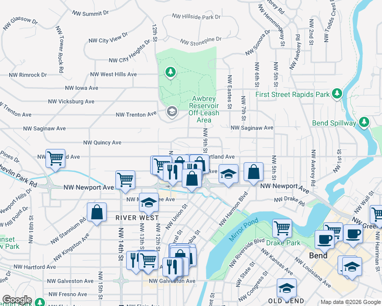 map of restaurants, bars, coffee shops, grocery stores, and more near 1536 Northwest 10th Street in Bend