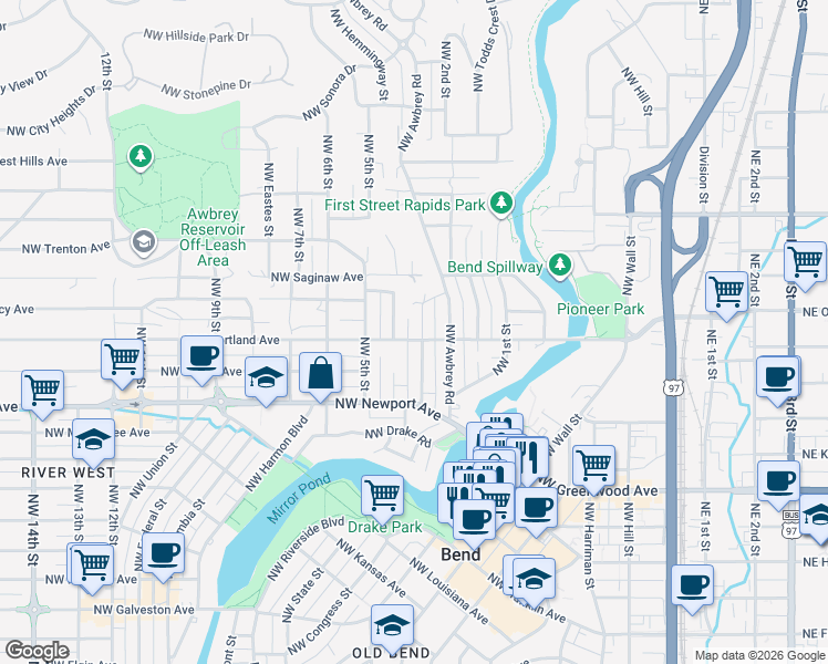 map of restaurants, bars, coffee shops, grocery stores, and more near 1601 Northwest 3rd Street in Bend
