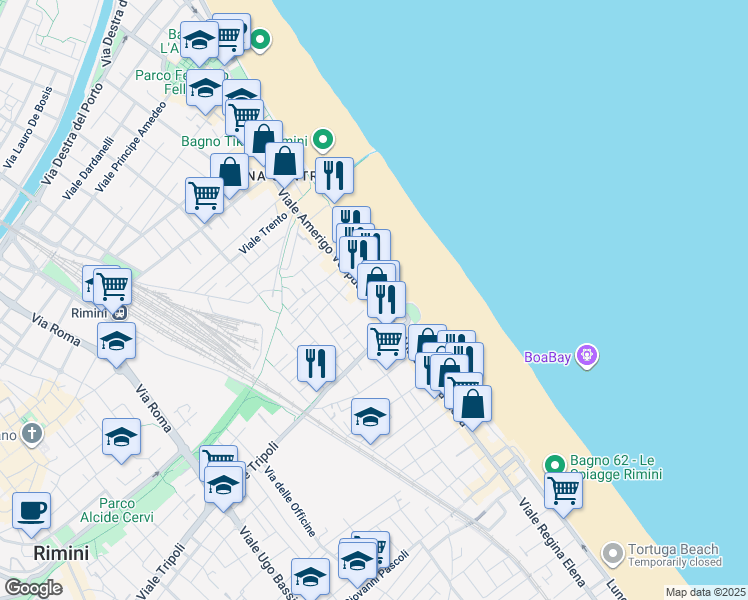 map of restaurants, bars, coffee shops, grocery stores, and more near 135 Viale Amerigo Vespucci in Rimini
