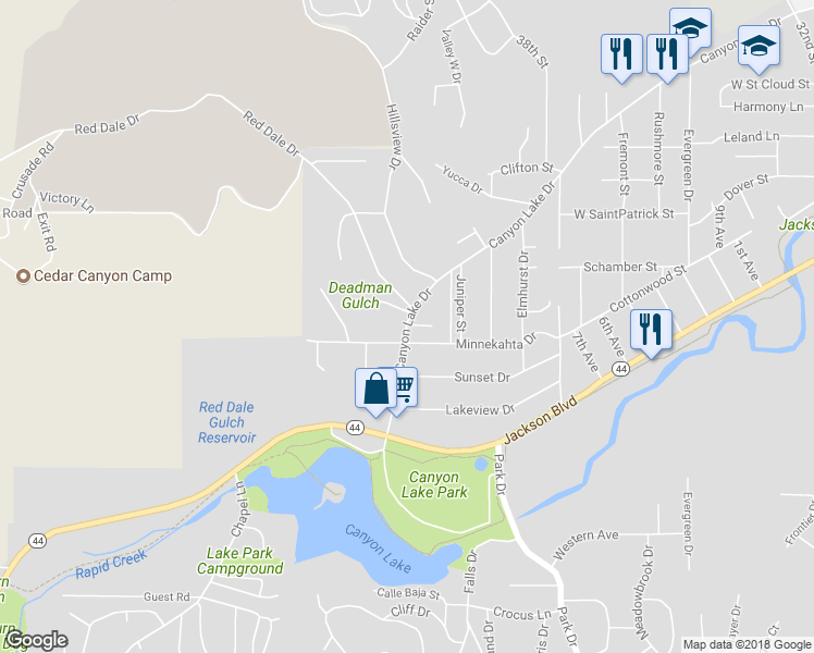 map of restaurants, bars, coffee shops, grocery stores, and more near 118 Canyon Lake Drive in Rapid City
