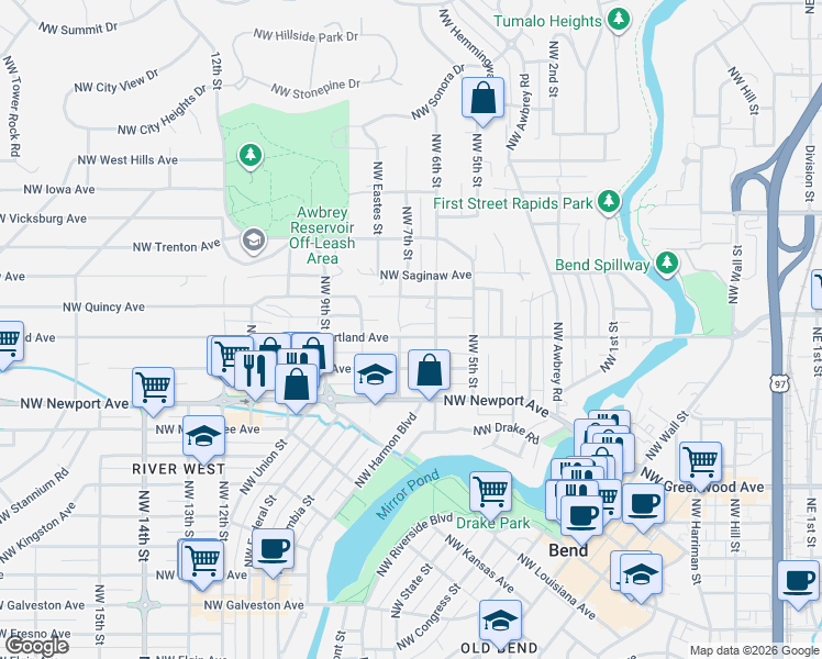 map of restaurants, bars, coffee shops, grocery stores, and more near 639 Northwest Portland Avenue in Bend