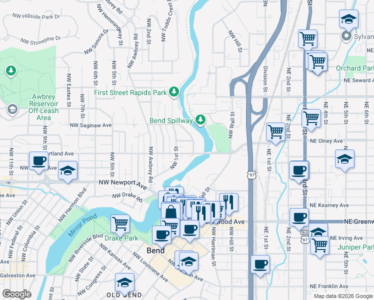 map of restaurants, bars, coffee shops, grocery stores, and more near 54 Northwest Portland Avenue in Bend