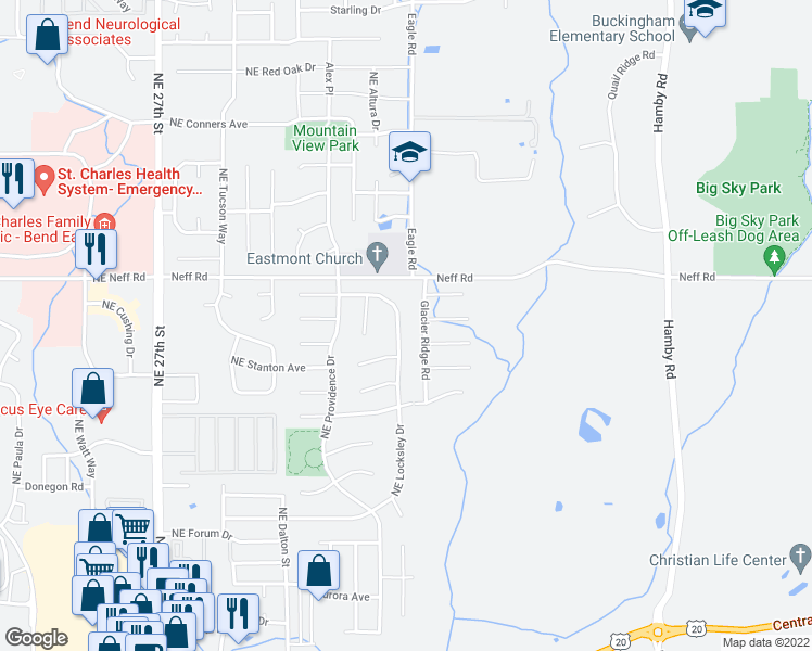 map of restaurants, bars, coffee shops, grocery stores, and more near 1446 Northeast Locksley Drive in Bend