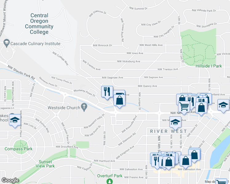 map of restaurants, bars, coffee shops, grocery stores, and more near 1695 Northwest Portland Avenue in Bend