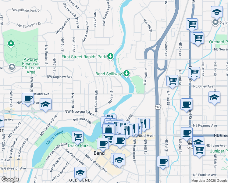 map of restaurants, bars, coffee shops, grocery stores, and more near 56 Northwest Portland Avenue in Bend