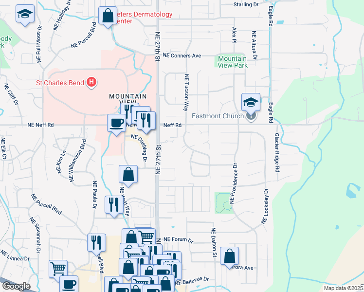 map of restaurants, bars, coffee shops, grocery stores, and more near 1409 Northeast Tucson Way in Bend