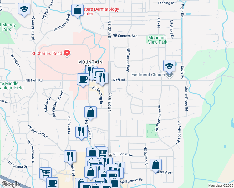 map of restaurants, bars, coffee shops, grocery stores, and more near 1460 Northeast 27th Street in Bend