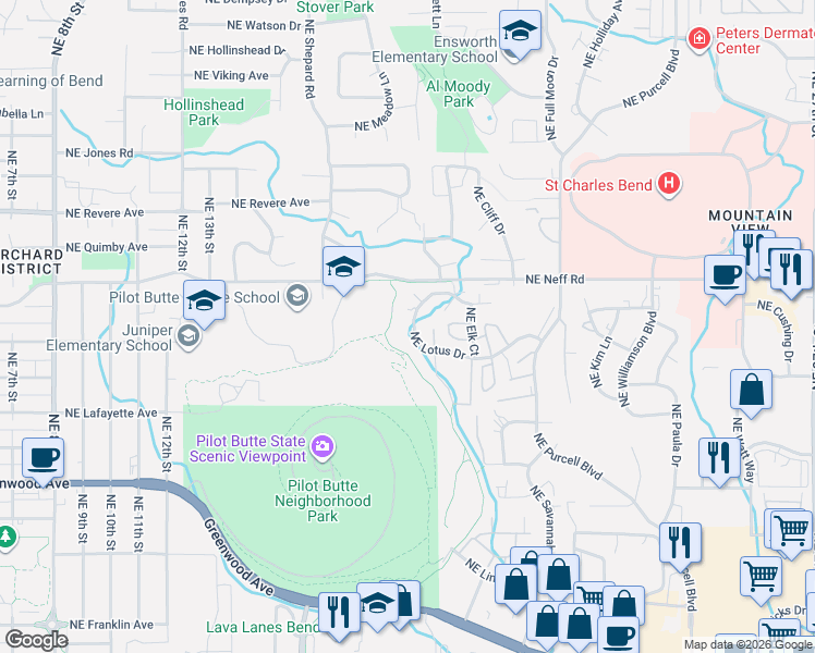 map of restaurants, bars, coffee shops, grocery stores, and more near 1760 Northeast Lotus Drive in Bend