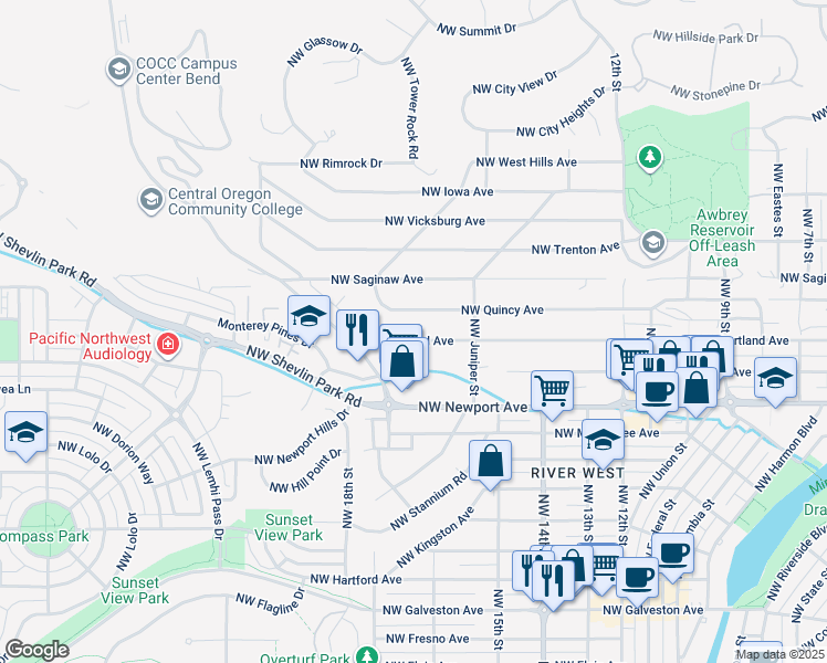 map of restaurants, bars, coffee shops, grocery stores, and more near 1597 Northwest Portland Avenue in Bend