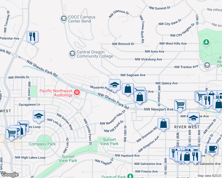 map of restaurants, bars, coffee shops, grocery stores, and more near in Deschutes County