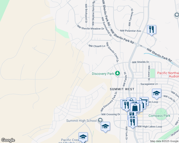 map of restaurants, bars, coffee shops, grocery stores, and more near 2983 Northwest Celilo Lane in Bend