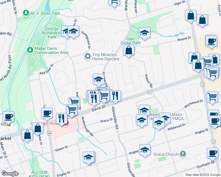 map of restaurants, bars, coffee shops, grocery stores, and more near 102 Eastman Crescent in Newmarket