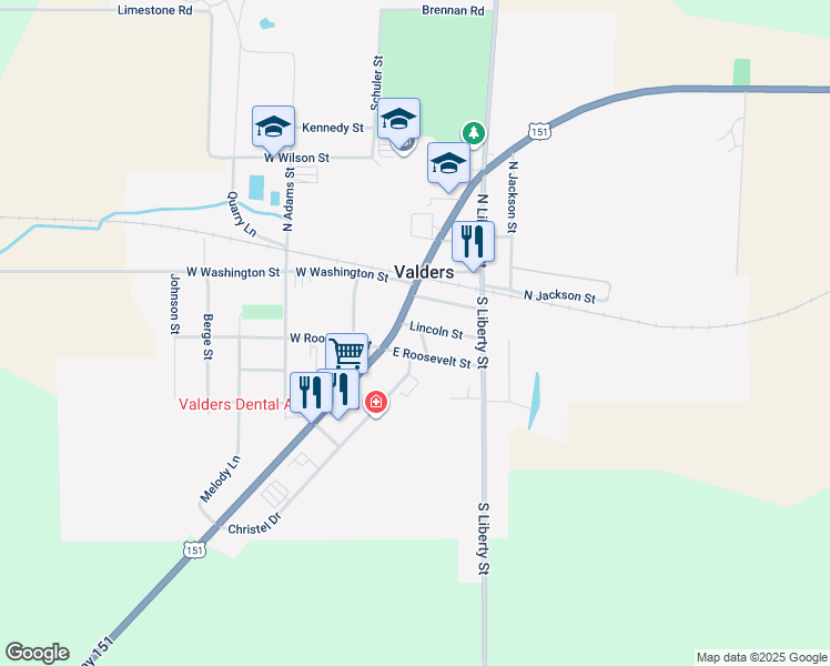 map of restaurants, bars, coffee shops, grocery stores, and more near 158 East Roosevelt Street in Valders