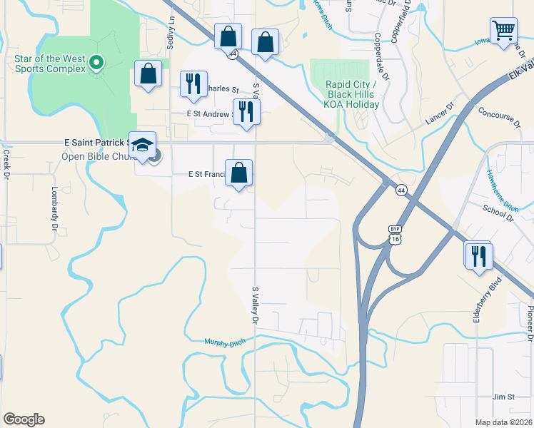 map of restaurants, bars, coffee shops, grocery stores, and more near 2111-2199 S Valley Dr in Rapid City