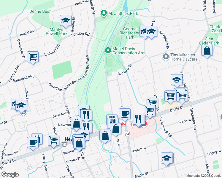 map of restaurants, bars, coffee shops, grocery stores, and more near 113 Bayview Parkway in Newmarket