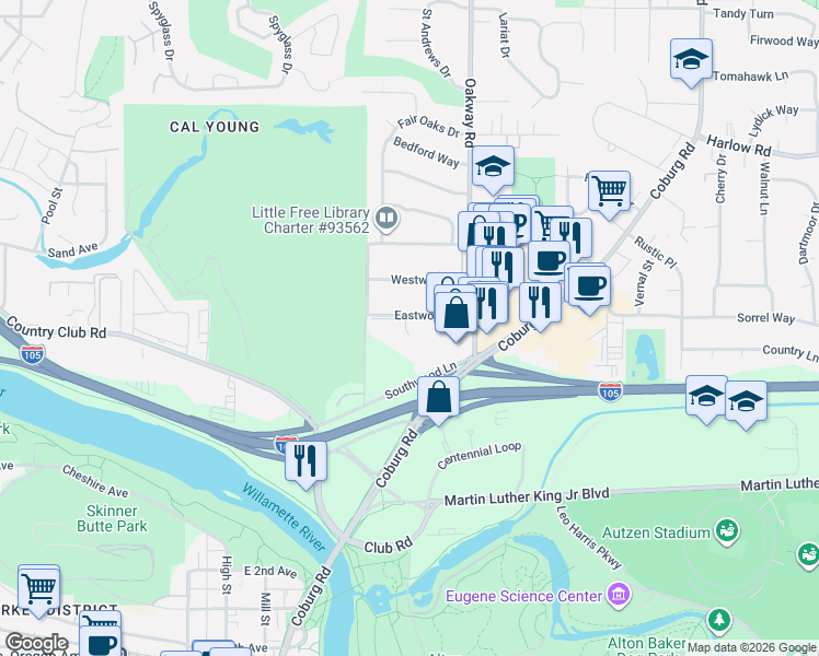 map of restaurants, bars, coffee shops, grocery stores, and more near 2084 Eastwood Lane in Eugene