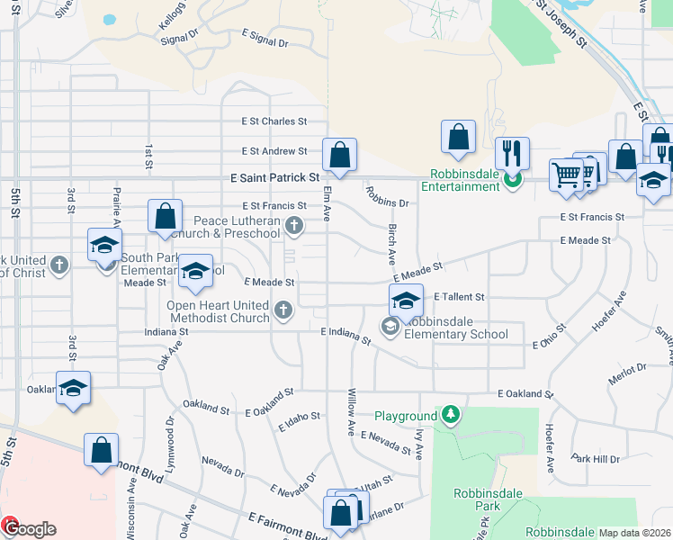 map of restaurants, bars, coffee shops, grocery stores, and more near 245 East Meade Street in Rapid City