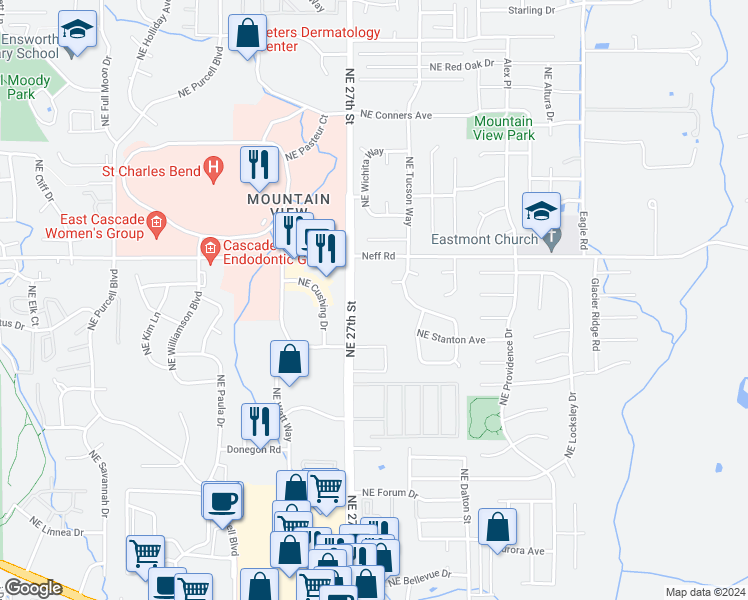 map of restaurants, bars, coffee shops, grocery stores, and more near 1460 Northeast 27th Street in Bend