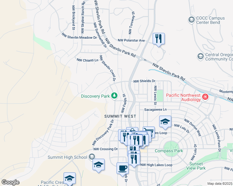 map of restaurants, bars, coffee shops, grocery stores, and more near 1448 Northwest Discovery Park Drive in Bend