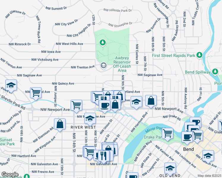 map of restaurants, bars, coffee shops, grocery stores, and more near 1010 Northwest Portland Avenue in Bend