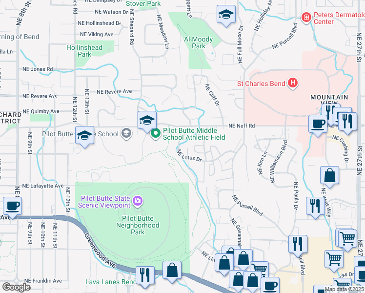 map of restaurants, bars, coffee shops, grocery stores, and more near 1419 Lucinda Court in Bend