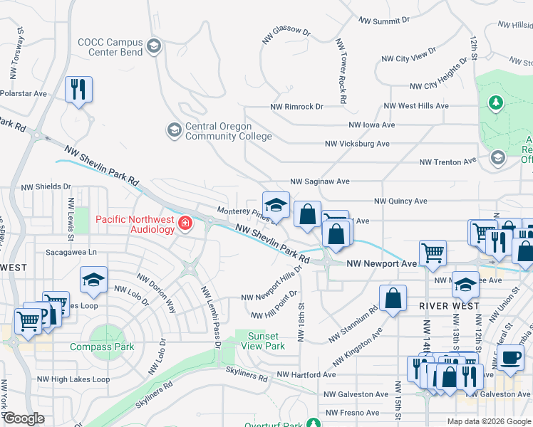 map of restaurants, bars, coffee shops, grocery stores, and more near in Deschutes County