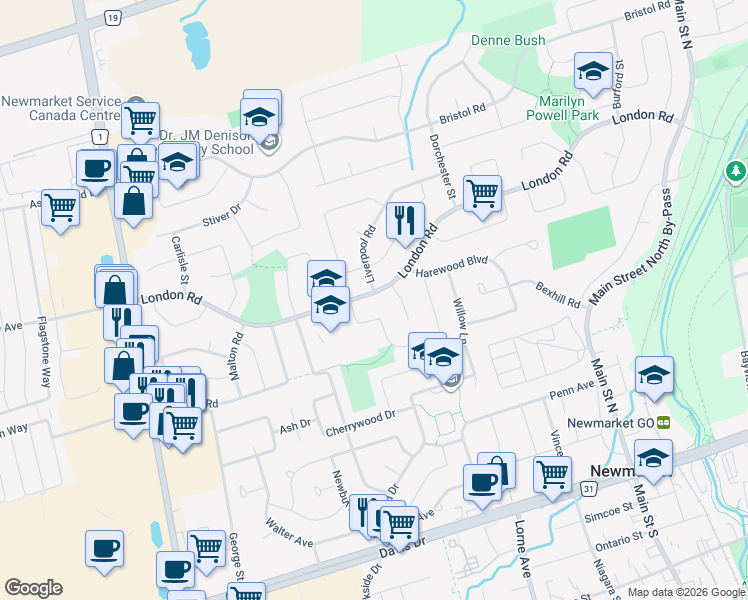map of restaurants, bars, coffee shops, grocery stores, and more near 220 London Road in Newmarket