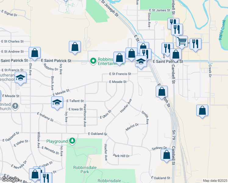 map of restaurants, bars, coffee shops, grocery stores, and more near 1009 East Tallent Street in Rapid City