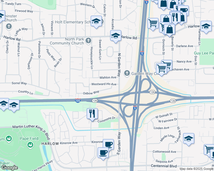 map of restaurants, bars, coffee shops, grocery stores, and more near 3634 Westward Ho Avenue in Eugene